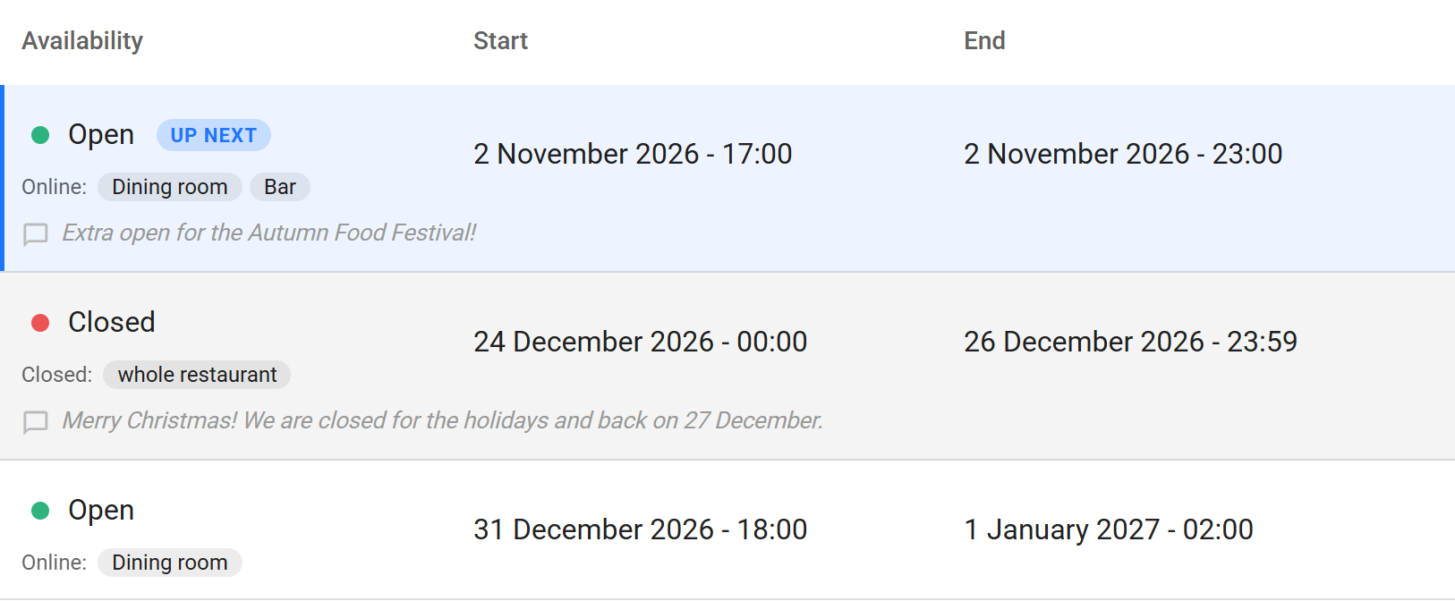 Custom opening hours with areas and messages